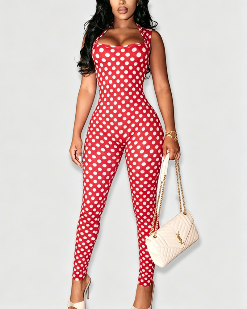 Slim Fit Polka Dot Open Back Sleeveless Bodycon Jumpsuit