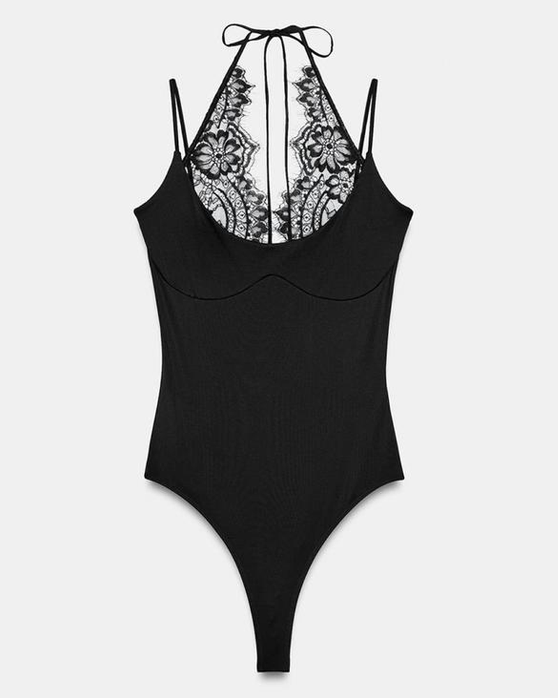 Fashionable Slim-Fit Patchwork Lace Halter Neck Bodysuit