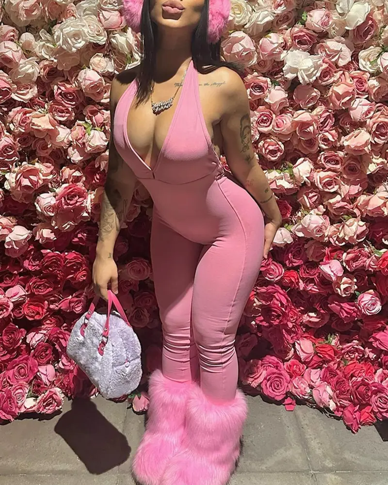 Deep V-Neck Neckband Backless Bodysuit High-Waisted Hip-Lifting Jumpsuit
