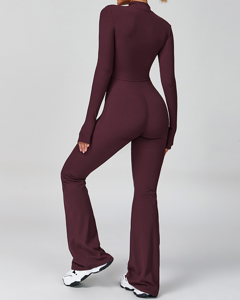 Long-Sleeved Flared Athletic Zipper Jumpsuit