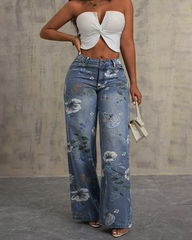 High Waist Straight Leg Printed Jeans