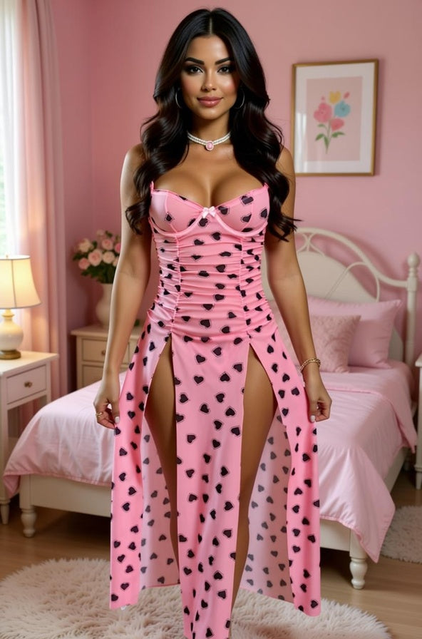 Sweetheart Pink Mesh Heart-Print Lingerie Dress
