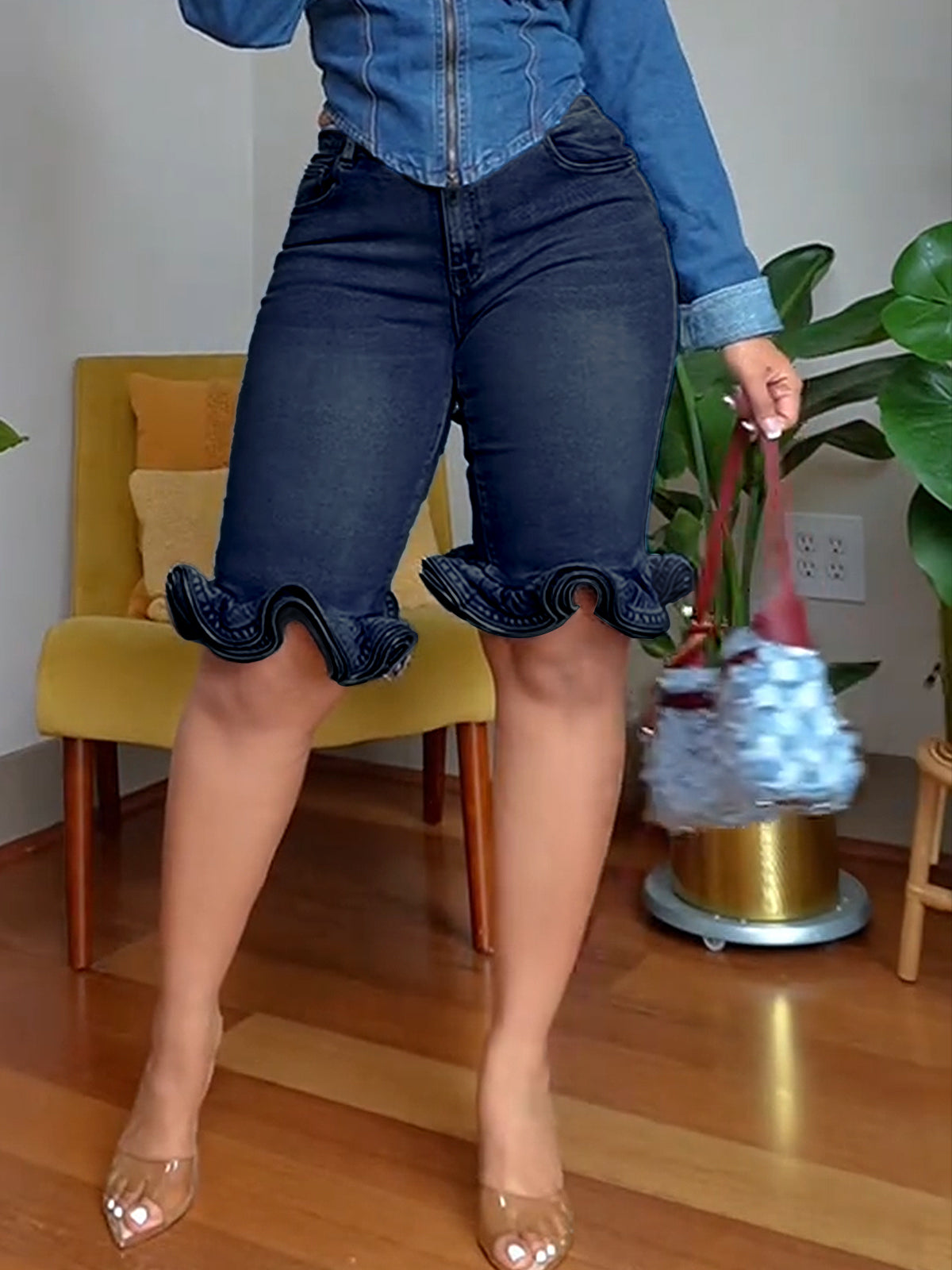 High Waisted Lace Denim Shorts