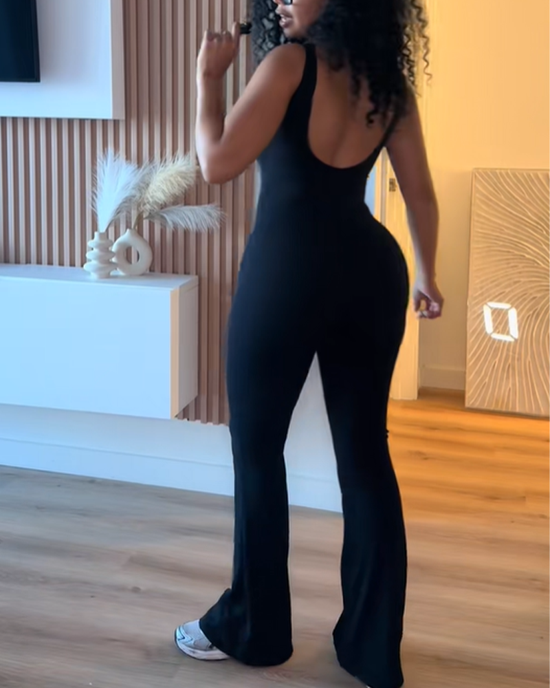 Casual Flared Backless Bodysuit With Hip Lift