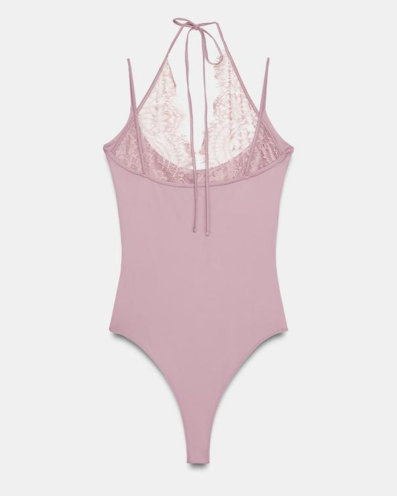 Fashionable Slim-Fit Patchwork Lace Halter Neck Bodysuit