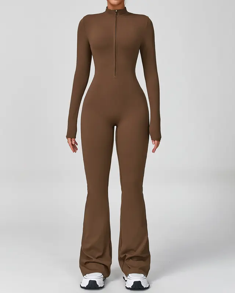 Long-Sleeved Flared Athletic Zipper Jumpsuit