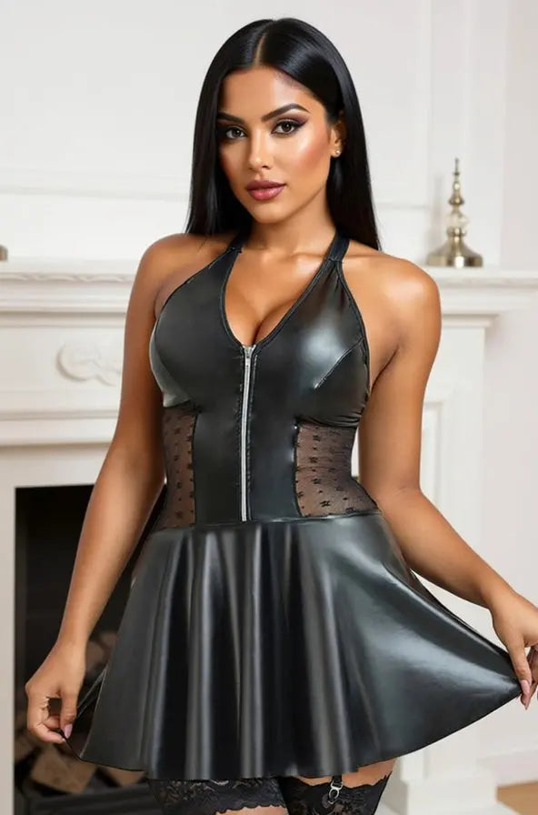 Black Faux Leather Zip Halter Dress with Mesh