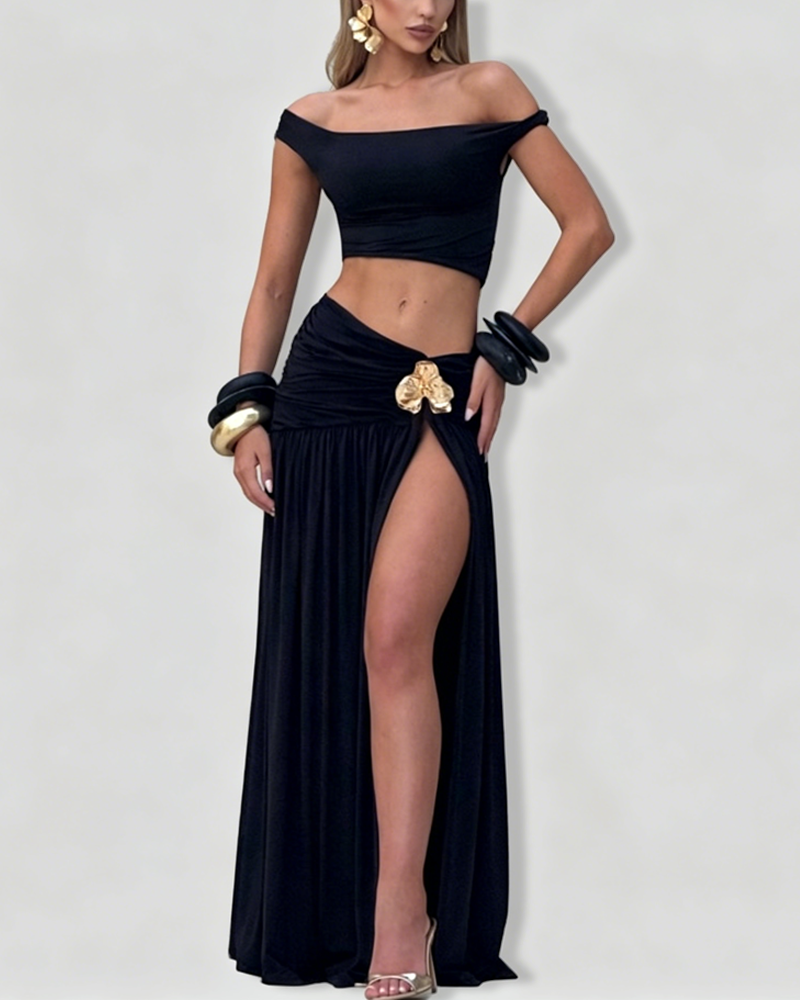 One Shoulder Sleeveless Cami Top & Ruched Side Slit Bodycon Maxi Dress Set