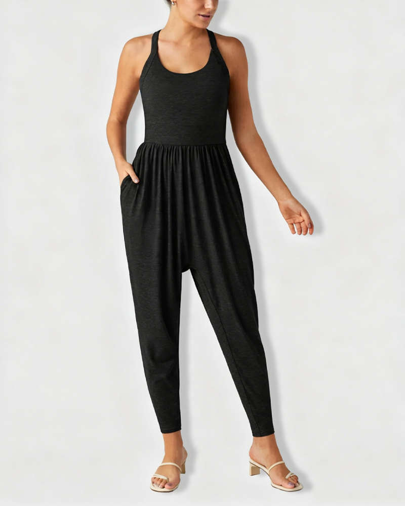 U Neck Harem Casual Jumpsuit with Side Pockets & Open Back Waist Design
