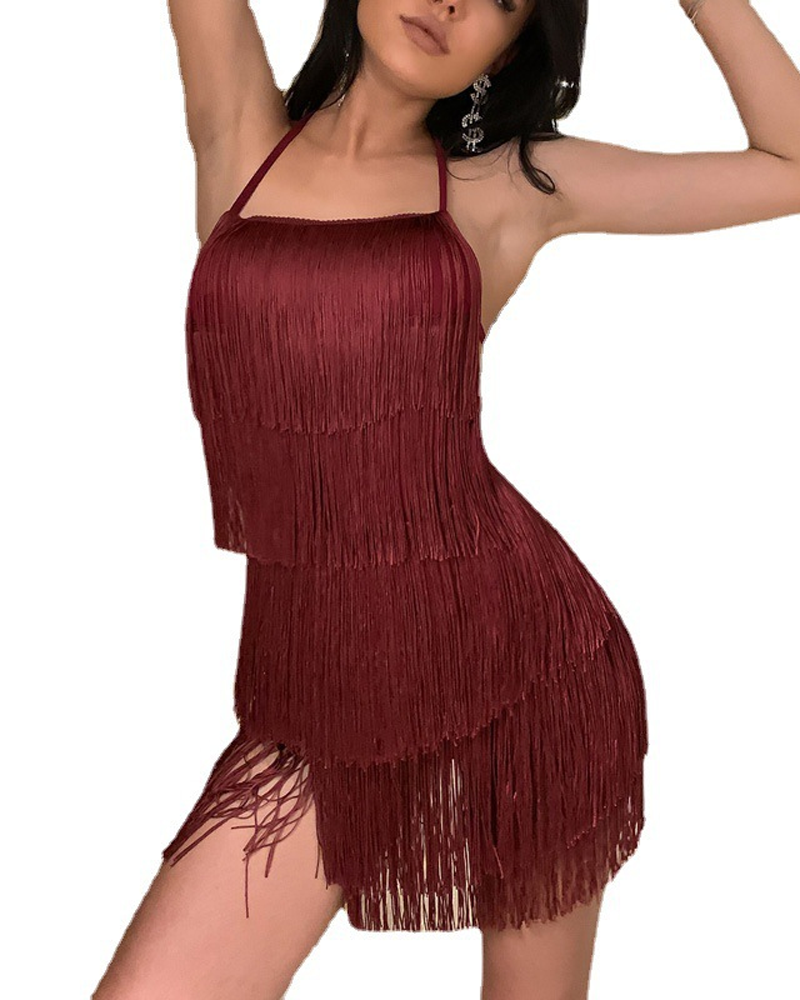 Multi-Layer Tassel Backless Cami Slip Dress