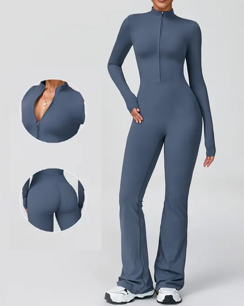 Long-Sleeved Flared Athletic Zipper Jumpsuit