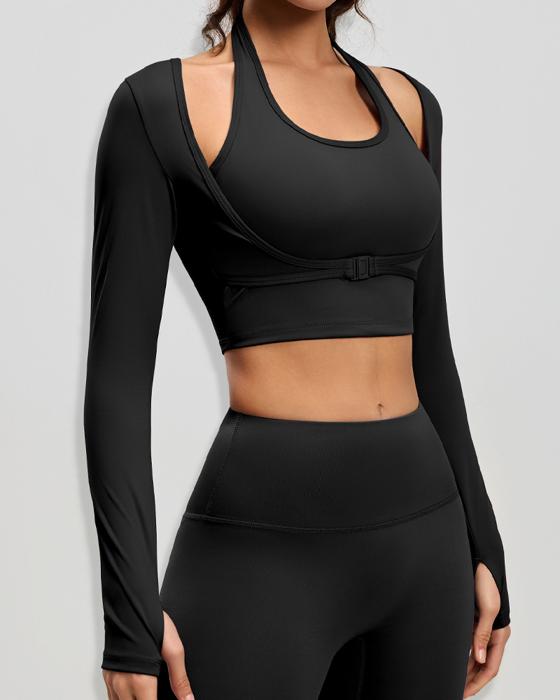 Halter Neck Long Sleeve Workout Crop Top with Built-in Sports Bra