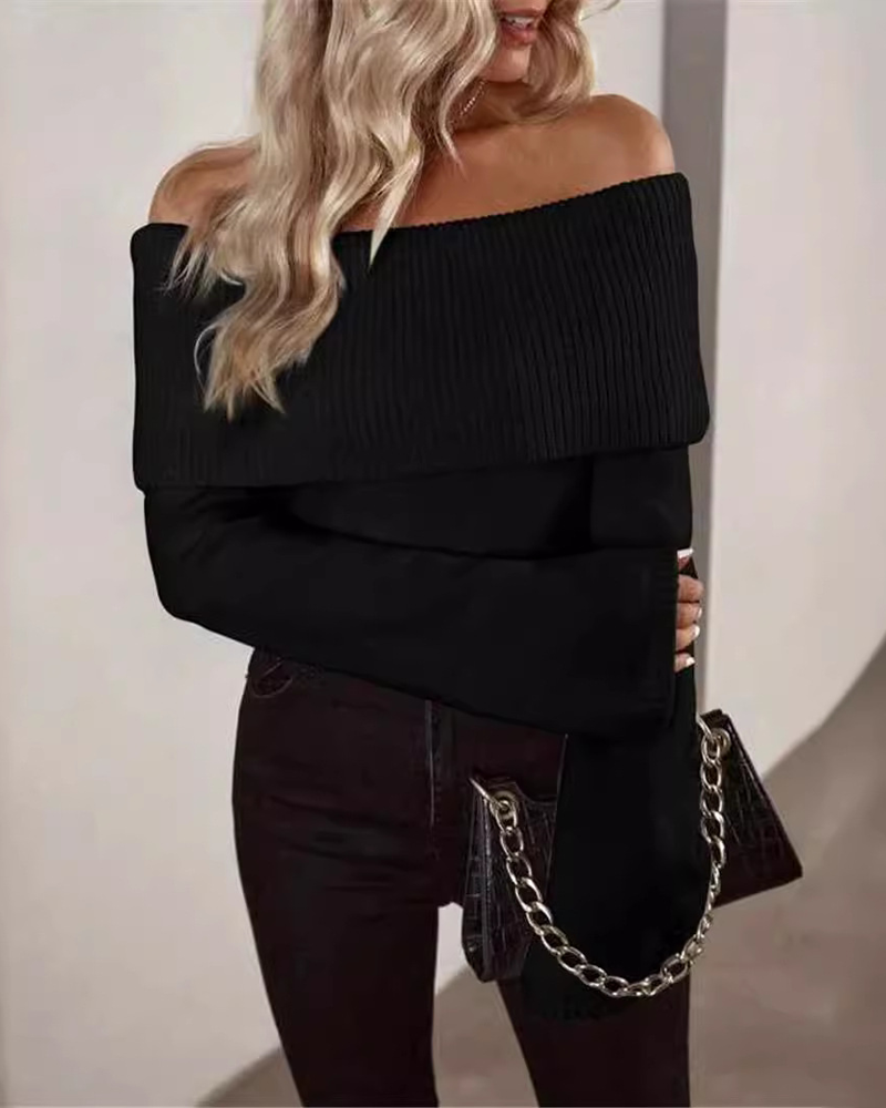 Off-The-Shoulder Slim-Fit Fashion Knitted Long-Sleeved Sweater