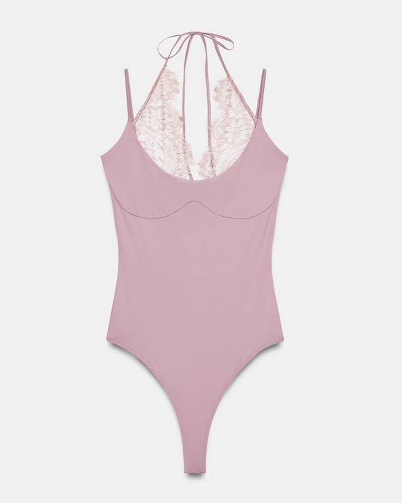 Fashionable Slim-Fit Patchwork Lace Halter Neck Bodysuit