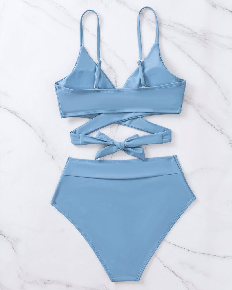 High-Waisted Cross-Strap Bikini Swimsuit Set