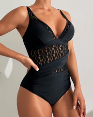 Lace Splicing Deep V One-Piece Swimsuit