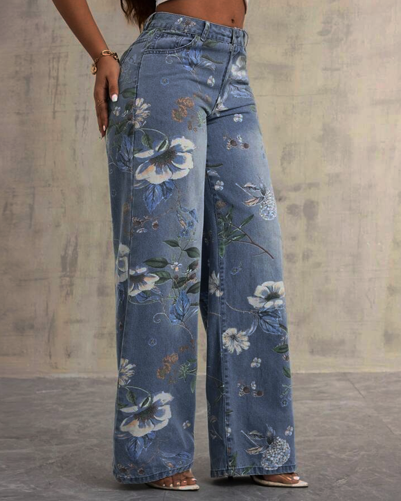 High Waist Straight Leg Printed Jeans