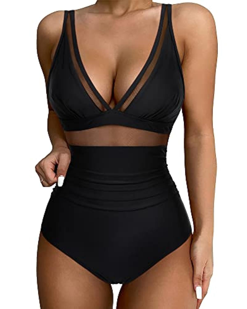 Mesh Panel High Waist Tummy Control One-Piece Swimsuit