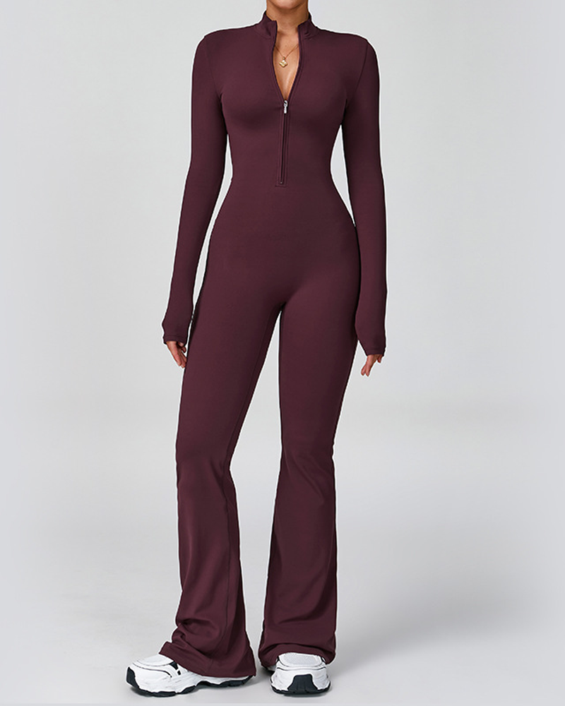 Long-Sleeved Flared Athletic Zipper Jumpsuit