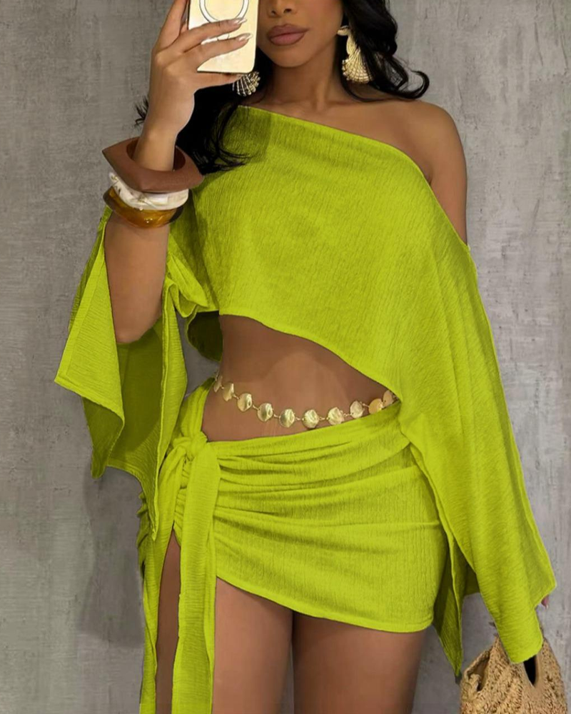 Vacation Style Asymmetrical Neck Crop Top Tight Mini Skirt Set