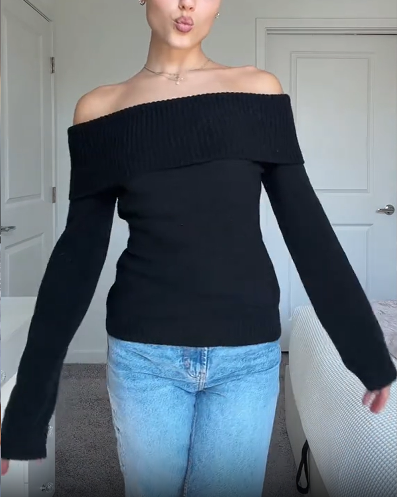 Off-The-Shoulder Slim-Fit Fashion Knitted Long-Sleeved Sweater