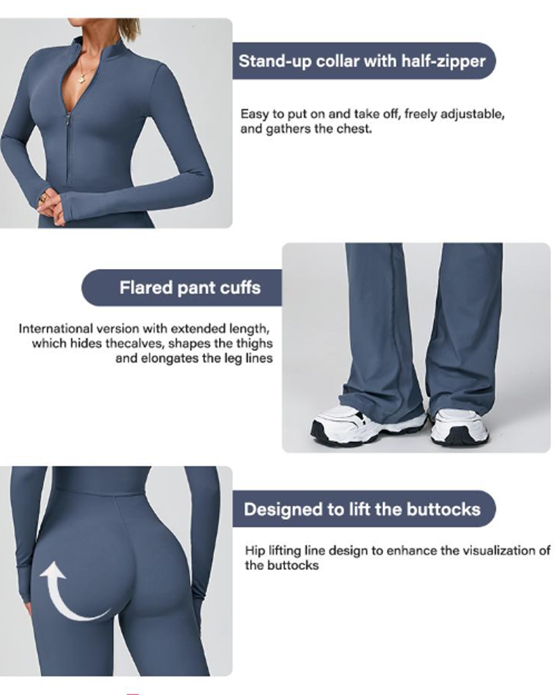 Long-Sleeved Flared Athletic Zipper Jumpsuit