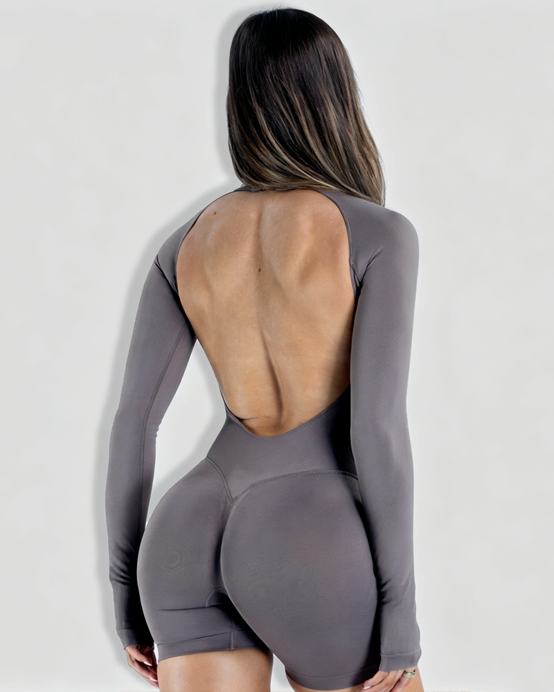 Long Sleeve Open Back Butt Lifting Tight Workout Bodysuit