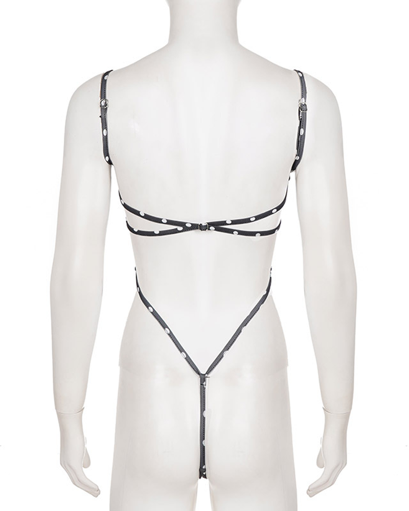 Stylish Black White Polka Dot Cutout Lace-Up Slim-Fit Bodysuit