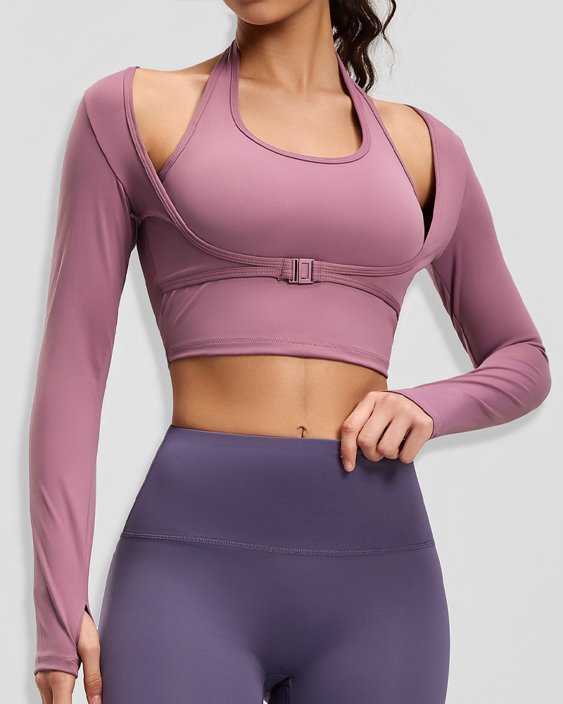Halter Neck Long Sleeve Workout Crop Top with Built-in Sports Bra