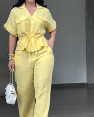 Women's 2 Piece Linen Outfits Short Sleeve Drawstring  Shirts and Wide Leg Pants With Pockets