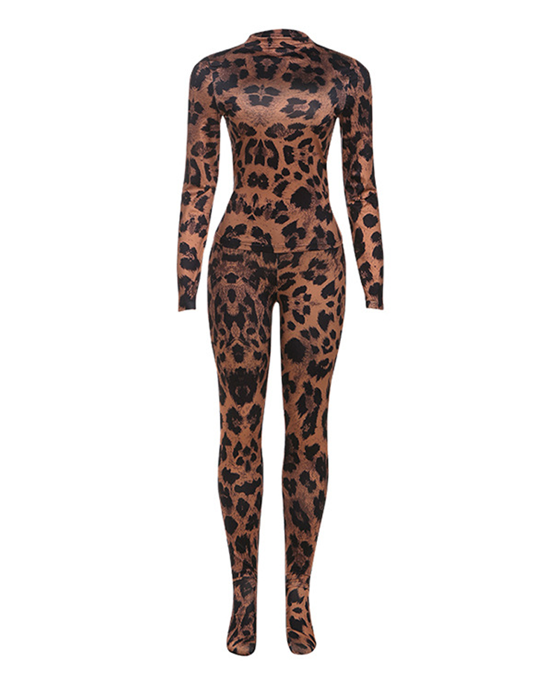 Leopard Print Long Sleeve Slim Fit Two-Piece Set