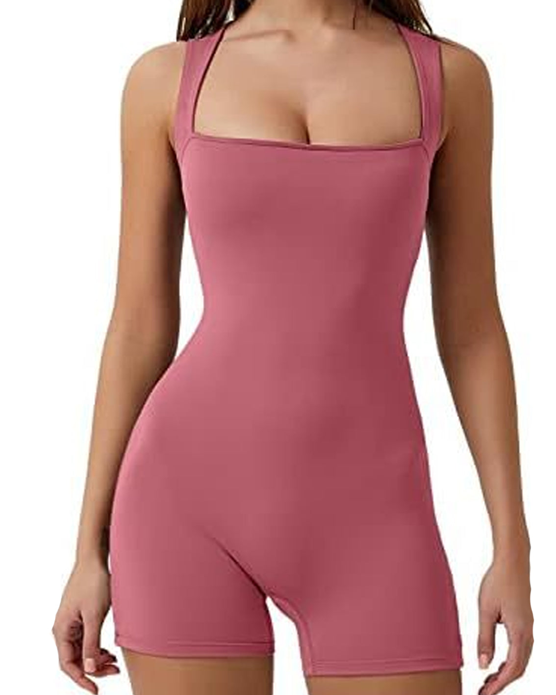 Women Workout Romper Yoga Ribbed Square Neck One Piece Seamless Tank Top Jumpsuit