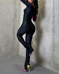 Autumn and Winter New Solid Color Cross V-Neck Long-Sleeved Trousers Casual Suit