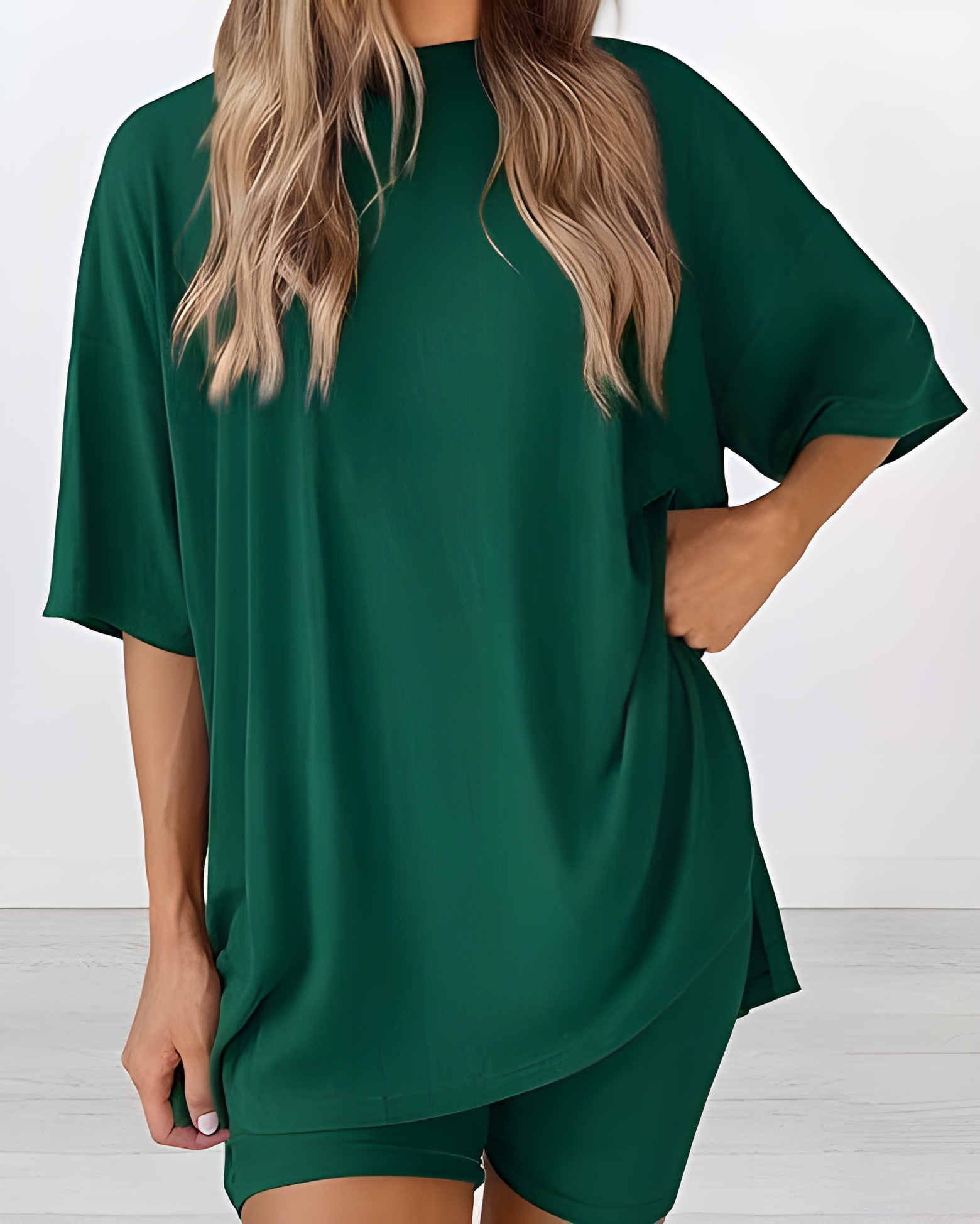 Women's Summer Casual Two-Piece Lounge Set Oversized Split Hem Shirt