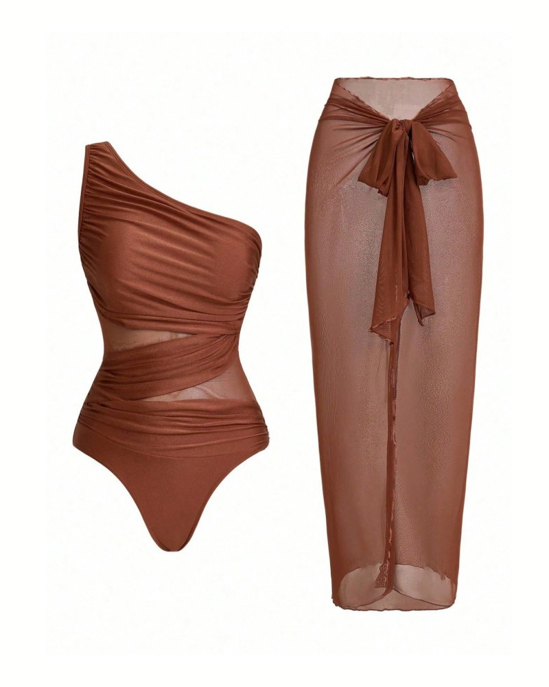 Ruched Mesh Patchwork One Piece Swimsuit with Sarong Skirt