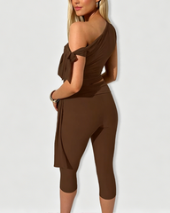 Asymmetric Neckline Tie-Design Form-Fitting Sleeveless Top & High Waist Capri Pants Two-Piece Set