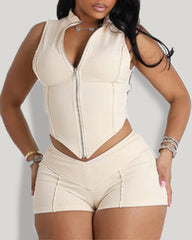 Solid Color Zipper Slim Top High Waist Skinny Shorts Set