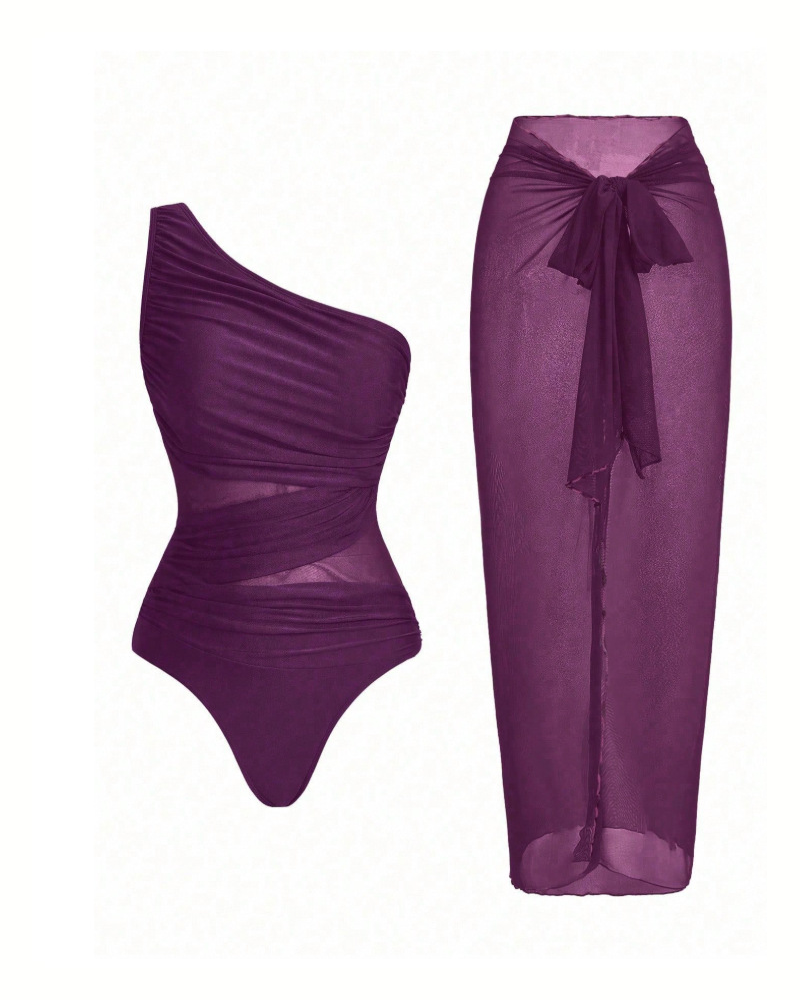 Ruched Mesh Patchwork One Piece Swimsuit with Sarong Skirt