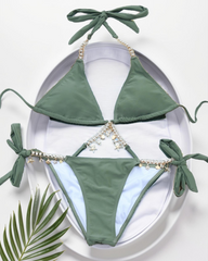 Rhinestone Decor Chain Lace Up Bikini Set