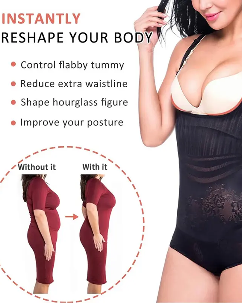 Flower Patterned Bodysuit With Exposed Chest Lifted Buttocks Tummy Control And Bust Support