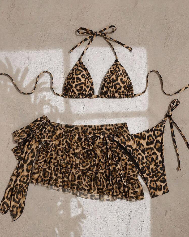 Leopard Print Tie Back Ruffle Hem Skirt Bikini 3 Piece Swimsuit Set