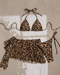 Leopard Print Tie Back Ruffle Hem Skirt Bikini 3 Piece Swimsuit Set
