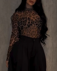 Leopard Print Mesh Top with Diamonds