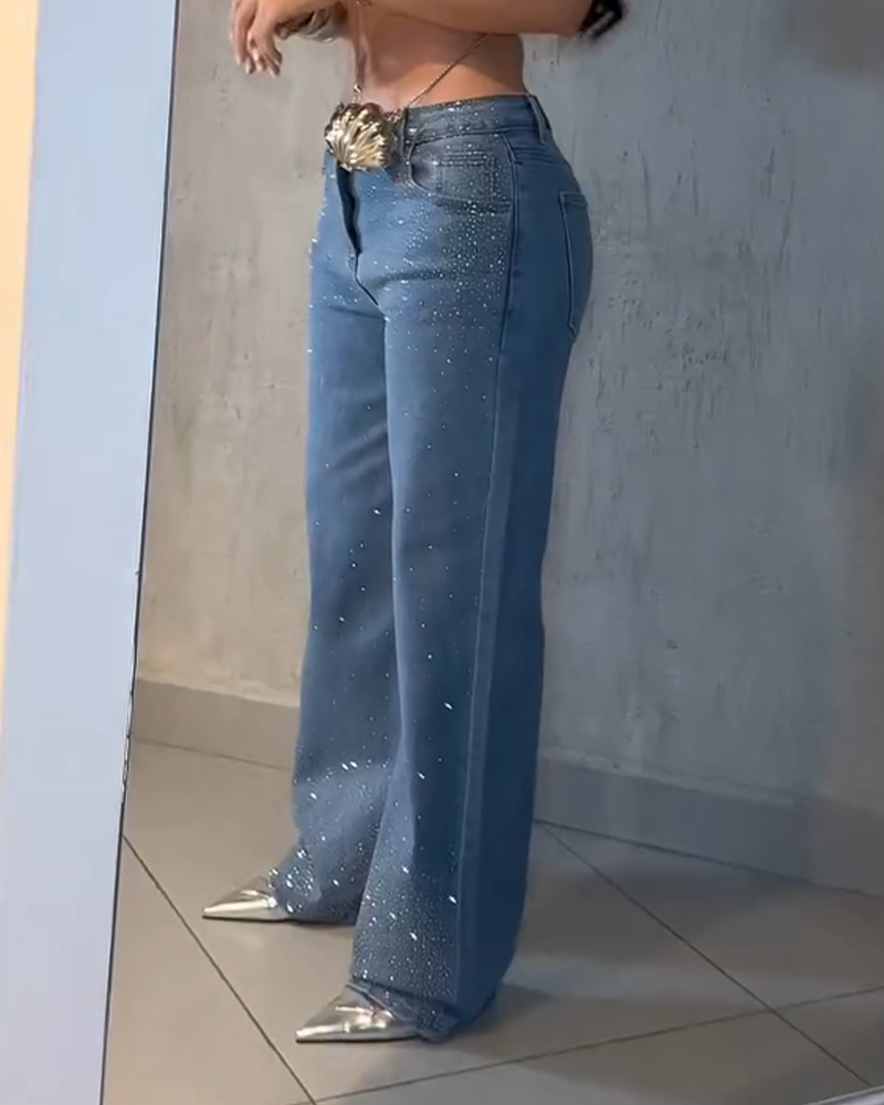 Women's Diamond Rhinestone Jeans High Waist Straight Wide Leg Stretchy Bling Denim Pants