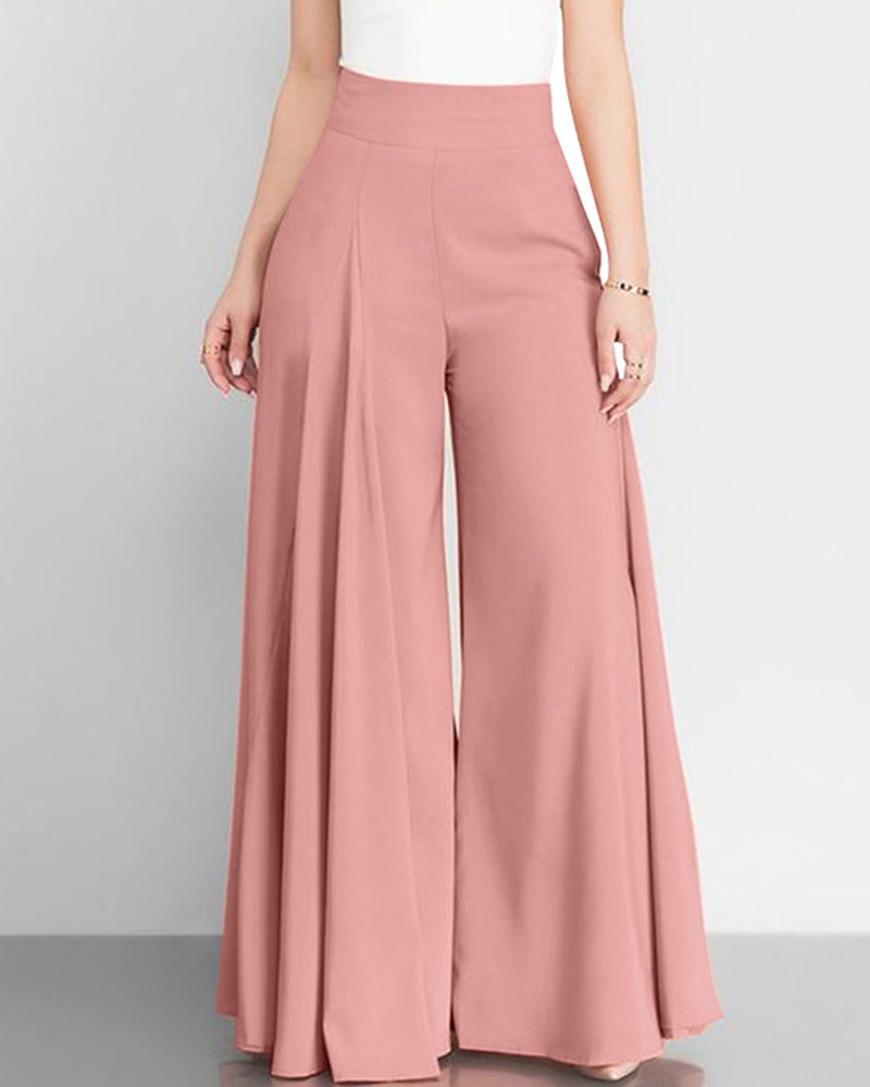 Solid Color High-Waisted Wide-Leg Pants