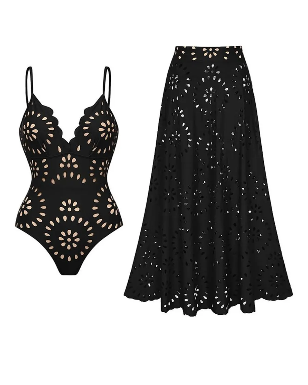Flower Hollow One Piece Swimsuit and Skirt