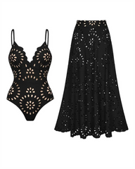 Flower Hollow One Piece Swimsuit and Skirt