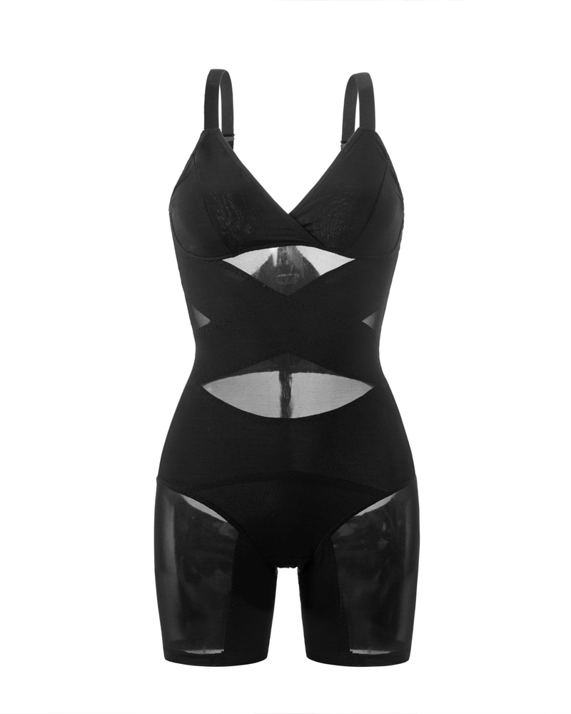 Crisscross Mesh V-Neck Shapewear Bodysuit