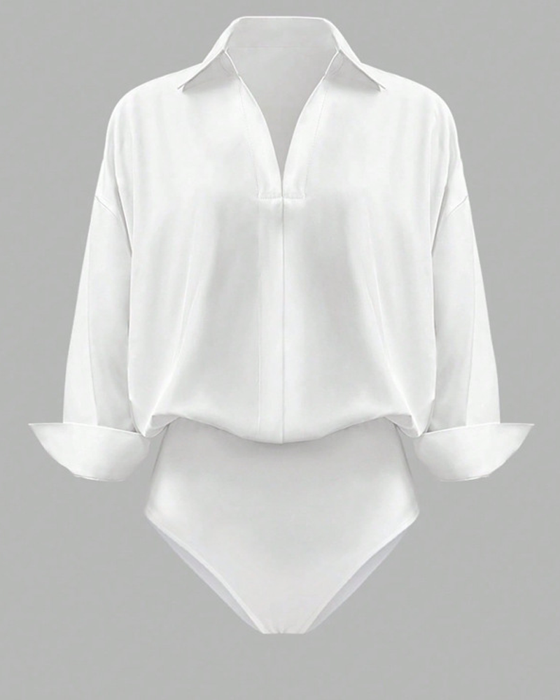 Collared V-Neck Rolled Sleeve Shirt Bodysuit