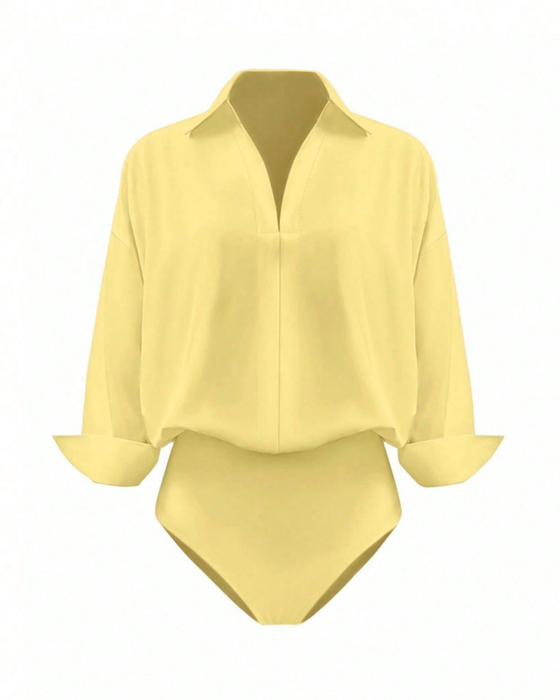 Collared V-Neck Rolled Sleeve Shirt Bodysuit